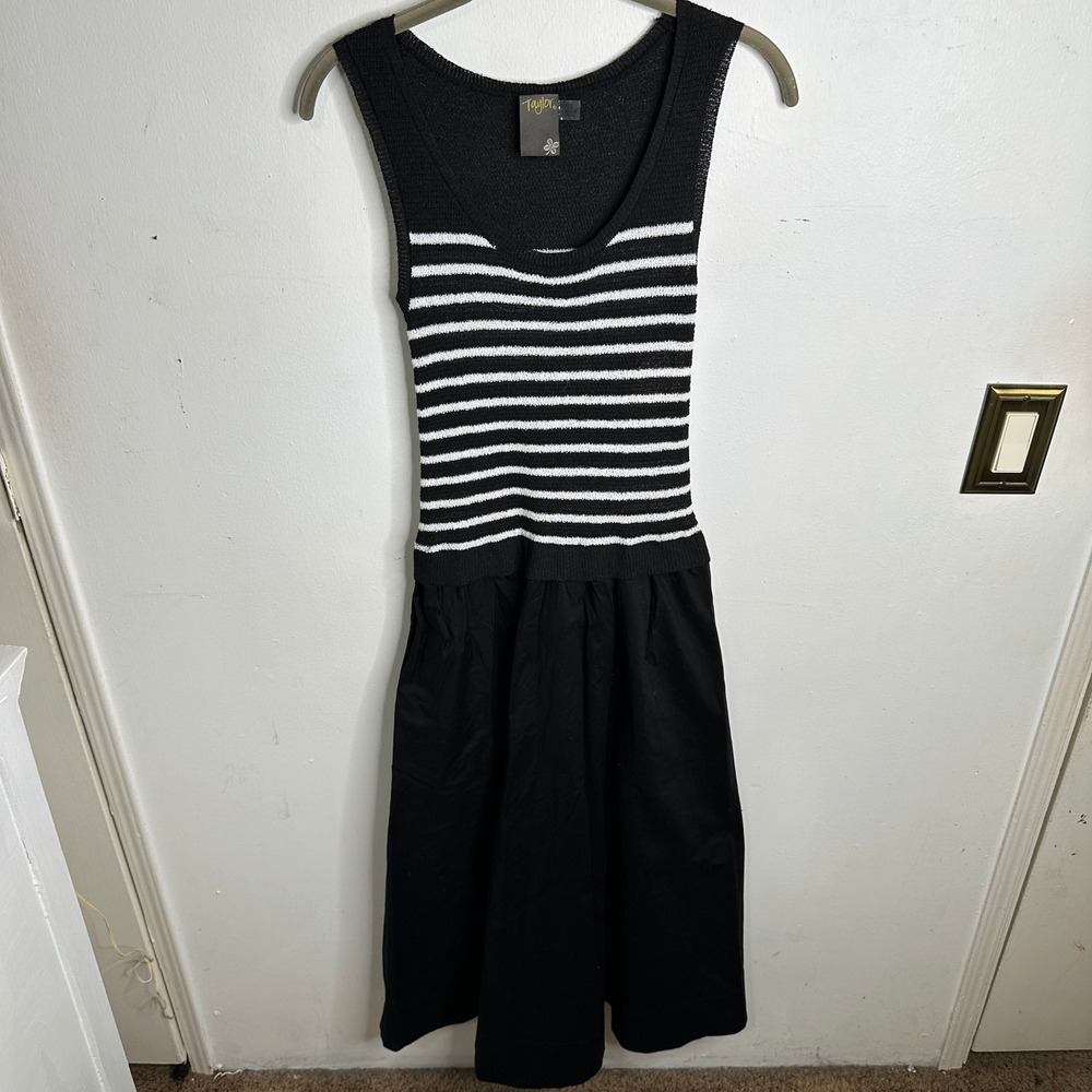Taylor Striped Knit Top Mixed Media‎ Midi Dress Black White 6813MR NWT Small